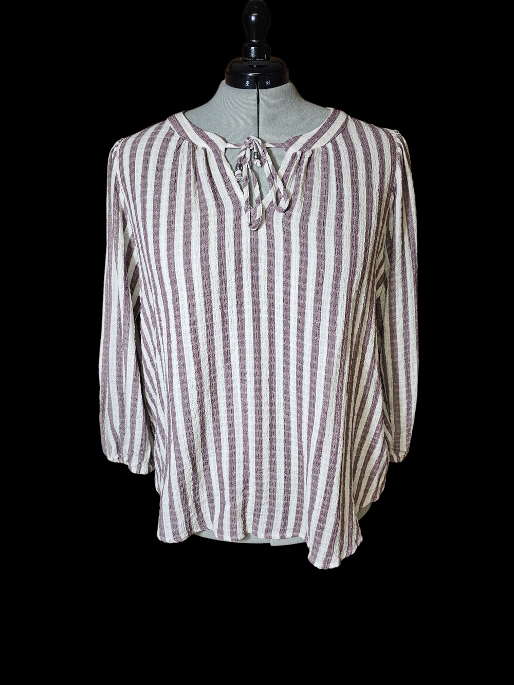 Jane and Delancey Striped Tie-Neck Blouse in Mauve and White